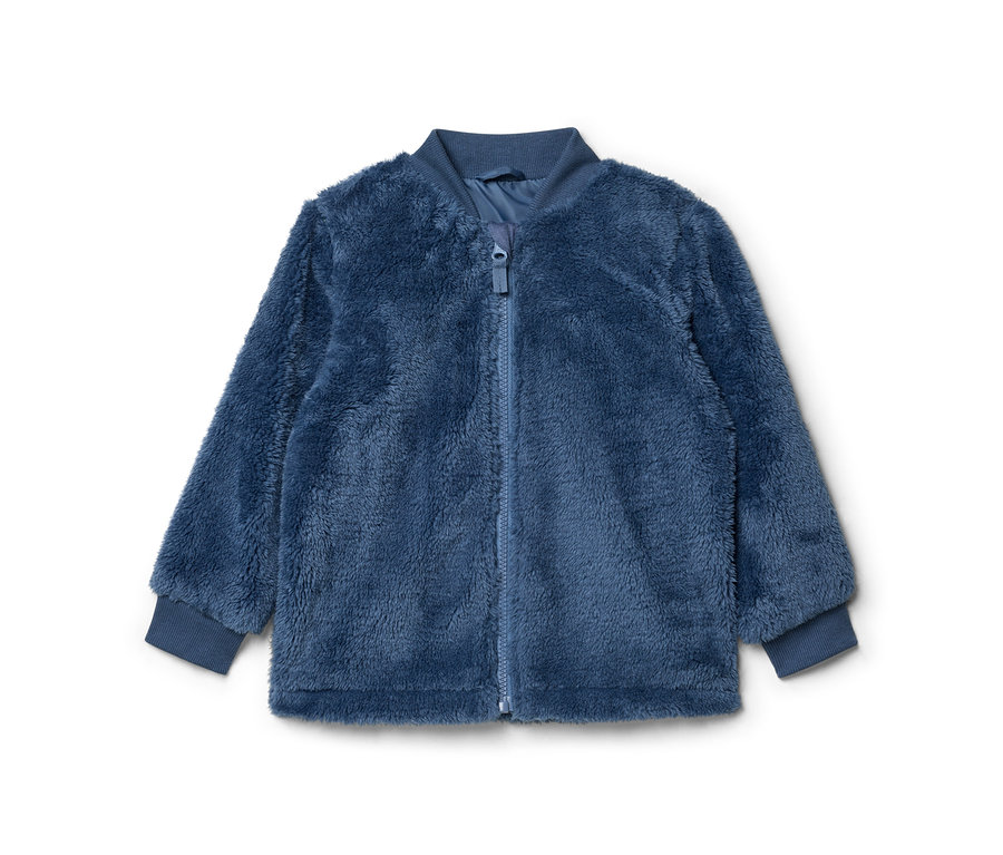 Veste polaire bleue avec une fermeture éclair intégrale, un col et des poignets côtelés.