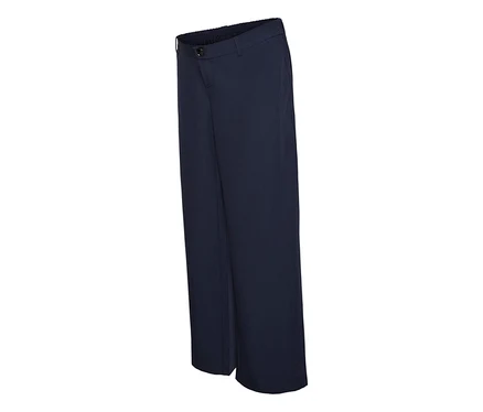 Pantalon bleu foncé à jambes larges, avec taille élastique et fermeture boutonnée.