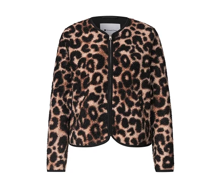 Veste Street One en polaire effet léopard avec fermeture éclair noire et bordures noires.