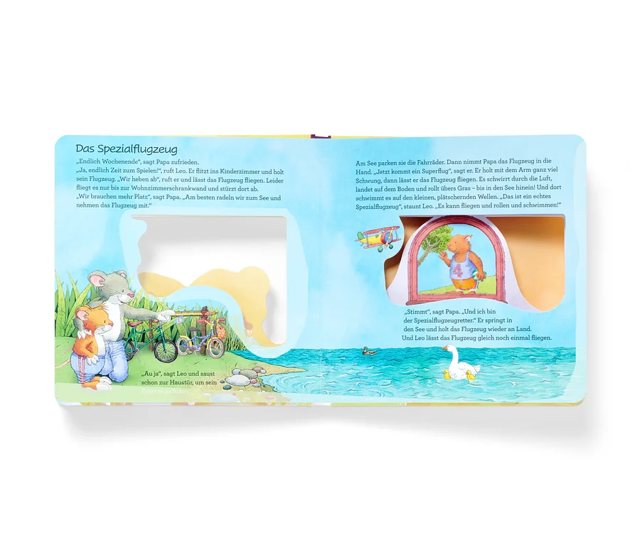 Livre ouvert avec des illustrations de Léo Lausemaus et son papa au bord du lac.