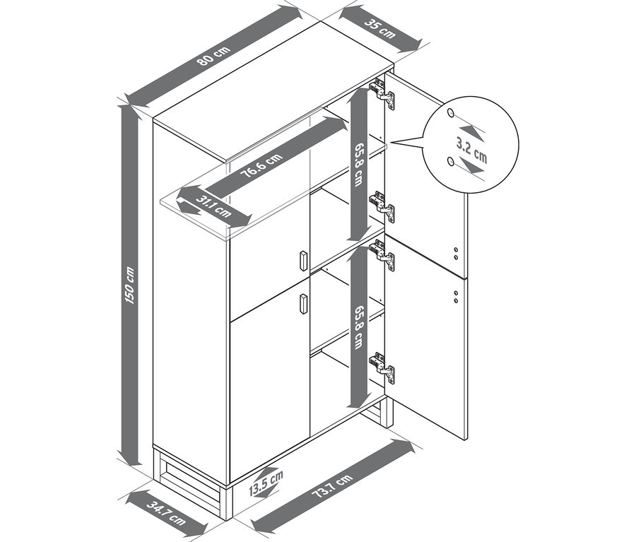 Dessin au trait d'une armoire de salle de bains blanche à 4 portes. Les deux portes de droite sont ouvertes, révélant les charnières et les étagères intérieures. Dimensions : 150 cm de haut, 80 cm de large, 35 cm de profondeur.