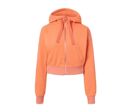 Veste de survêtement courte orange avec fermeture éclair au centre.