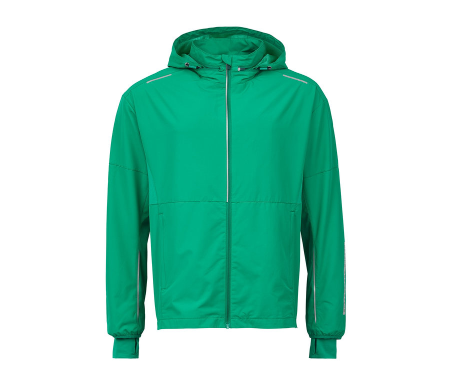 Veste fonctionnelle coupe-vent verte avec fermeture éclair et capuche.