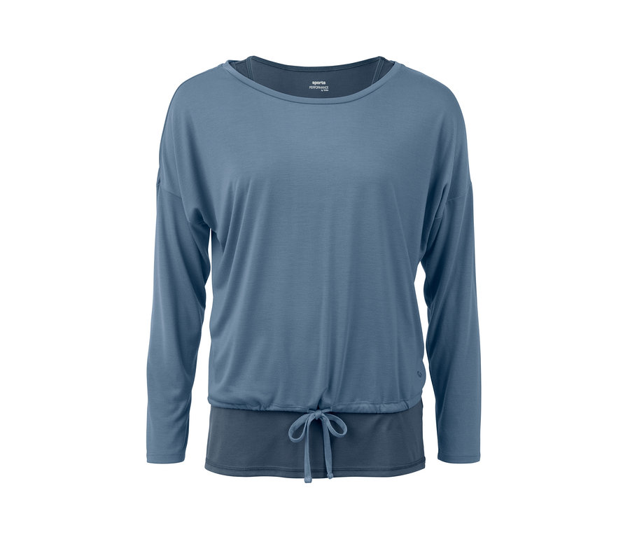 T-shirt de sport 2 en 1 bleu à manches longues et cordon de serrage à la taille.
