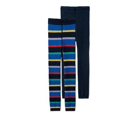 Deux leggings en maille : un à rayures et l’autre bleu marine uni.