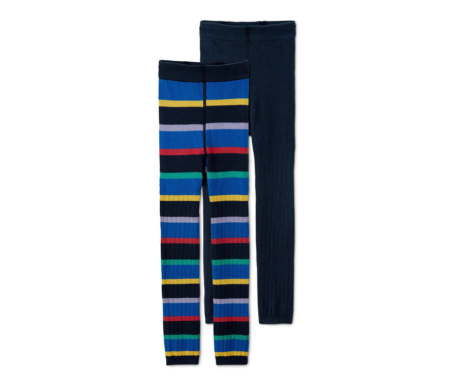 Deux leggings en maille : un à rayures et l’autre bleu marine uni.