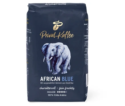 Paquet de café en grains Privat Kaffee African Blue – 500 g. Un éléphant figure sur l'emballage.
