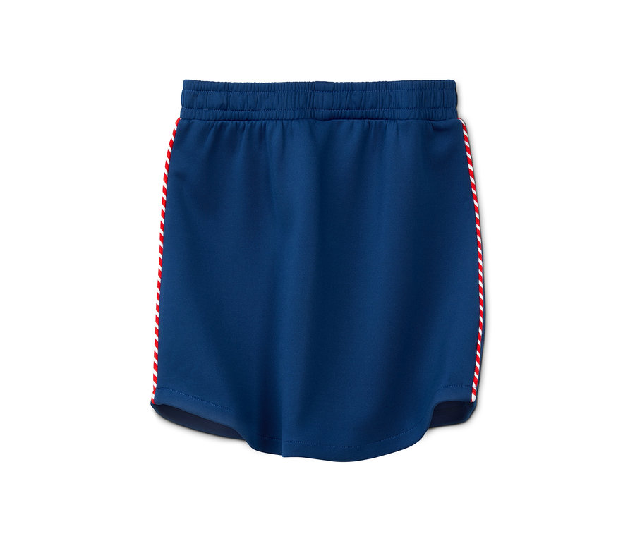 Une jupe de sport bleue avec des rayures rouges et blanches sur les côtés.