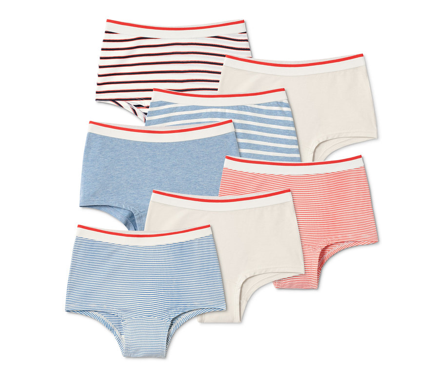 Sept culottes pour filles de différentes couleurs et motifs avec une taille rouge.