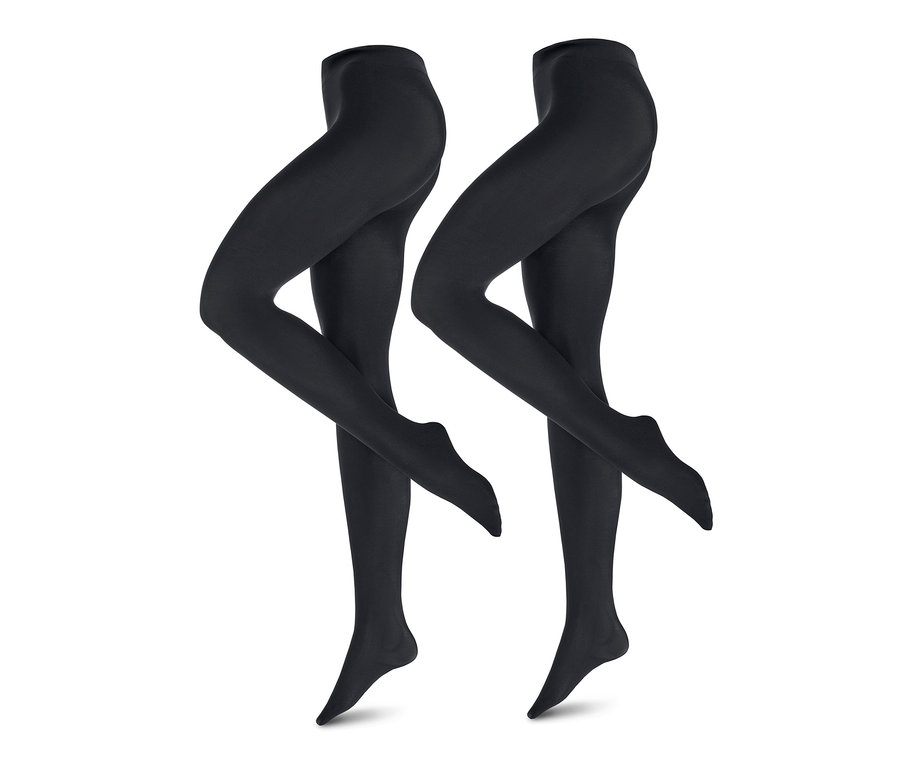 Deux paires de collants opaques noirs sur fond blanc.