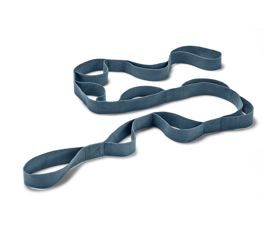 Une sangle extensible bleue sur un fond blanc.