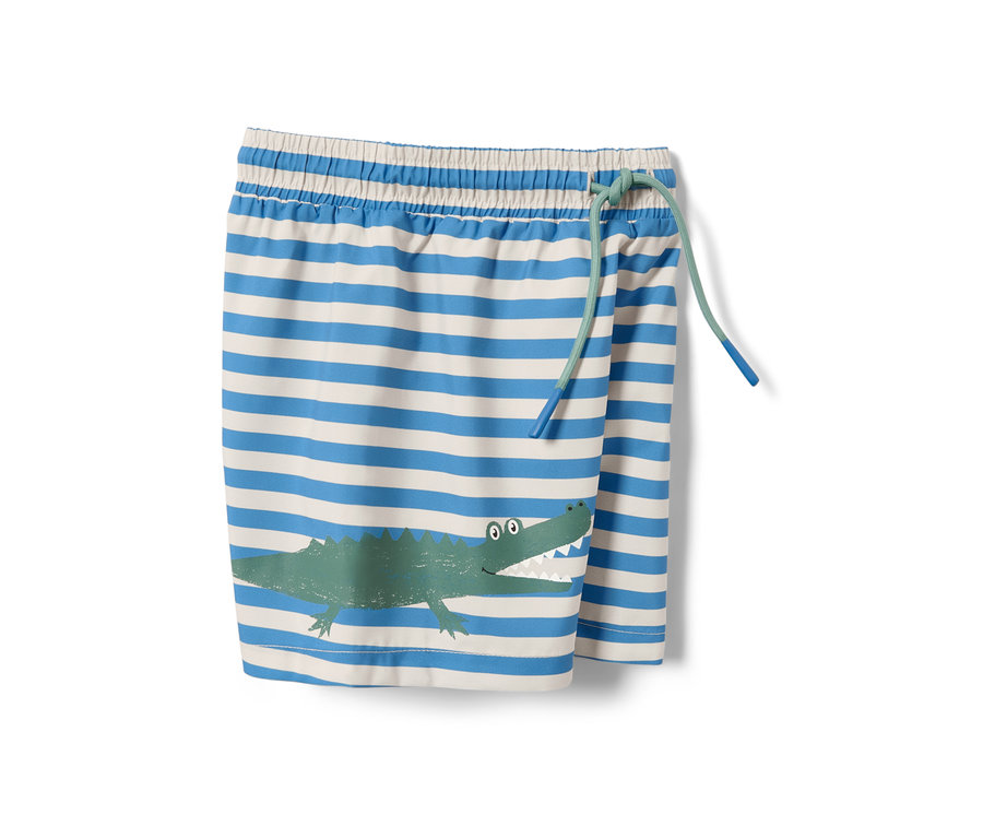 Boardshort pour enfant rayé bleu et blanc avec un imprimé crocodile.