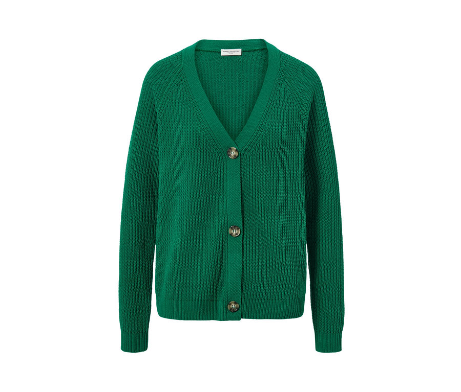 Cardigan en grosse maille vert boutonné.