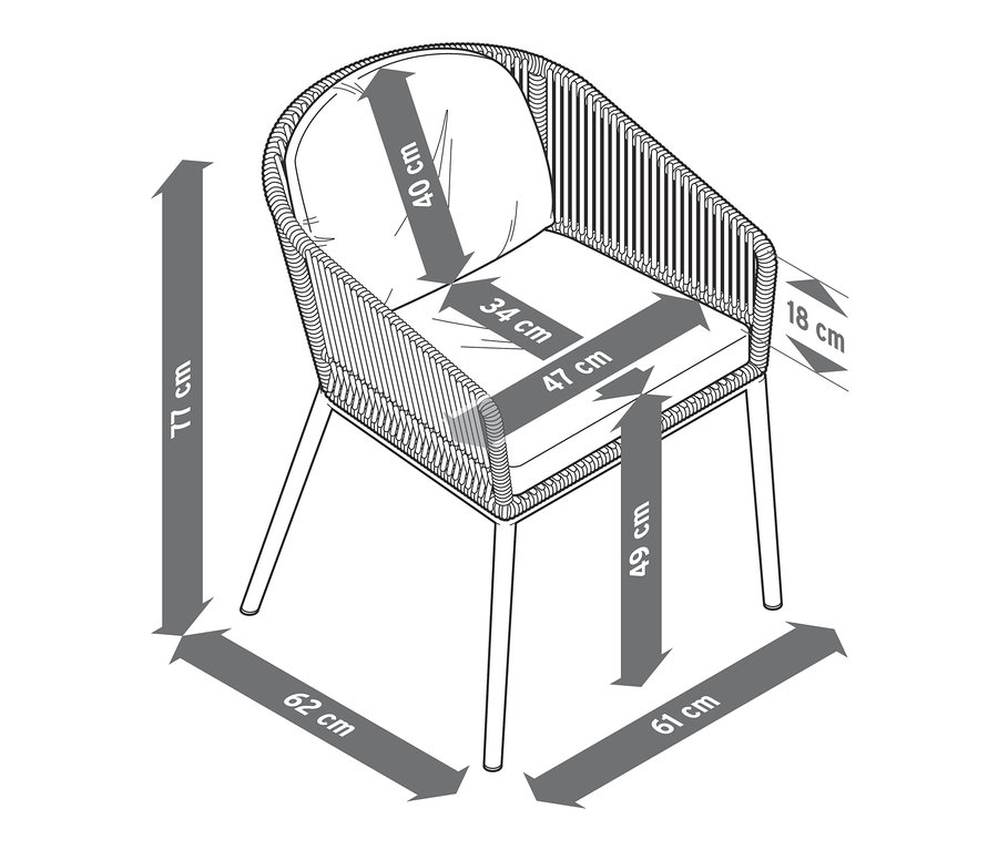 Dimensions d'un fauteuil pour table à manger avec tressage textile.