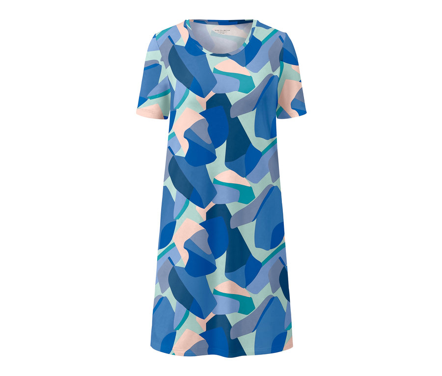 Chemise de nuit avec un motif géométrique bleu, rose et vert.