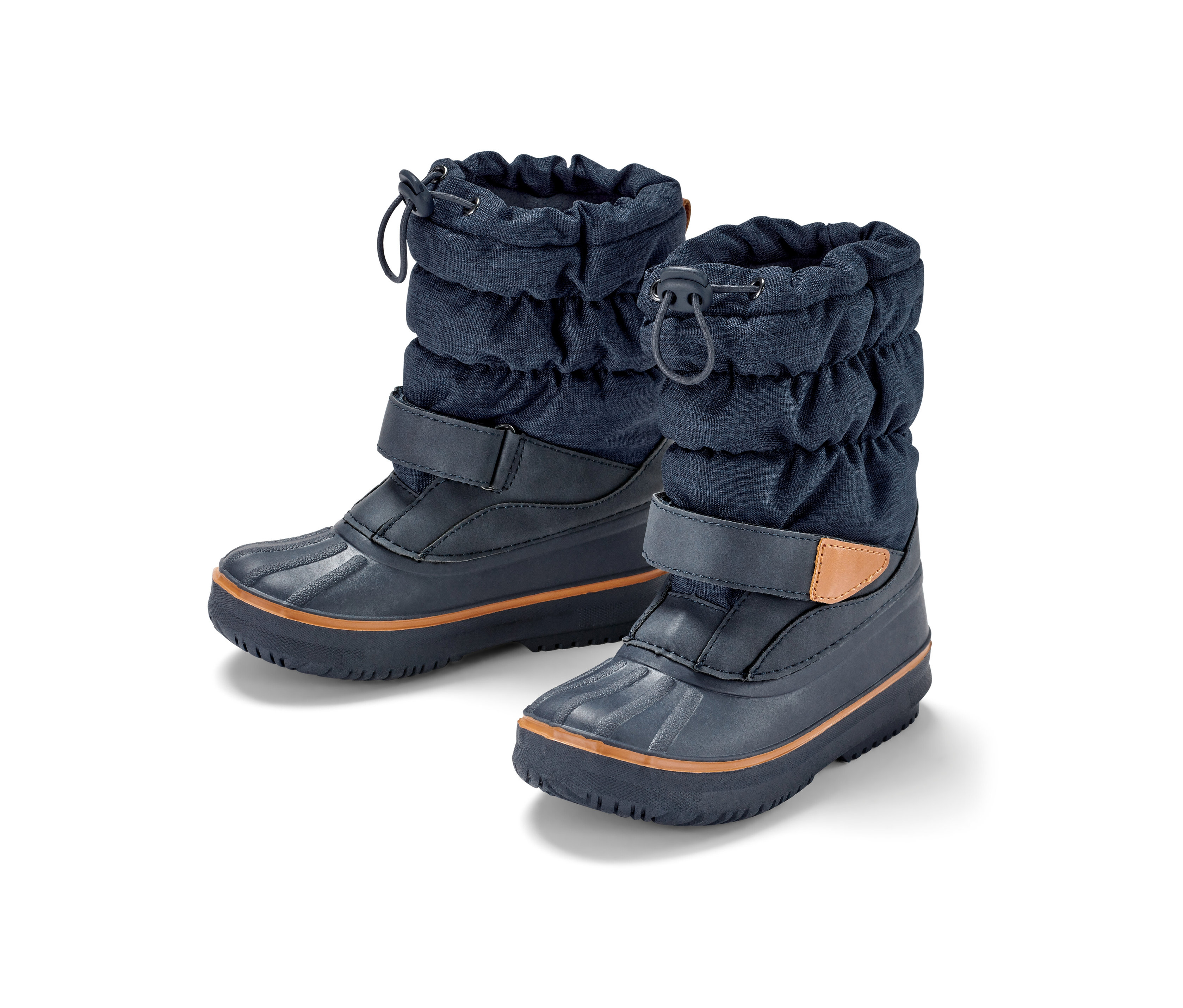 Deux bottes polyvalentes bleues pour enfant sur fond blanc.