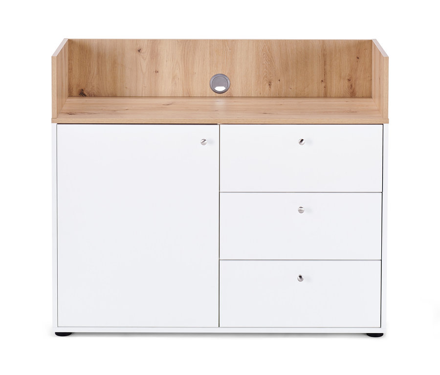 Un buffet avec tiroirs et porte, des façades blanches et un dessus en bois.