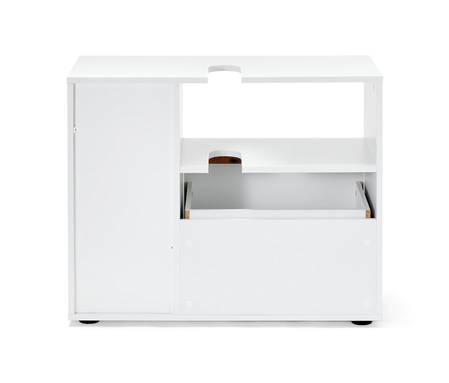 Meuble sous vasque de salle de bain blanc.