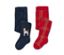 2 paires de collants enfant, chien - 1x bleu foncé avec empiècement tricoté de chien, 1x rouge avec motif à carreaux cognac