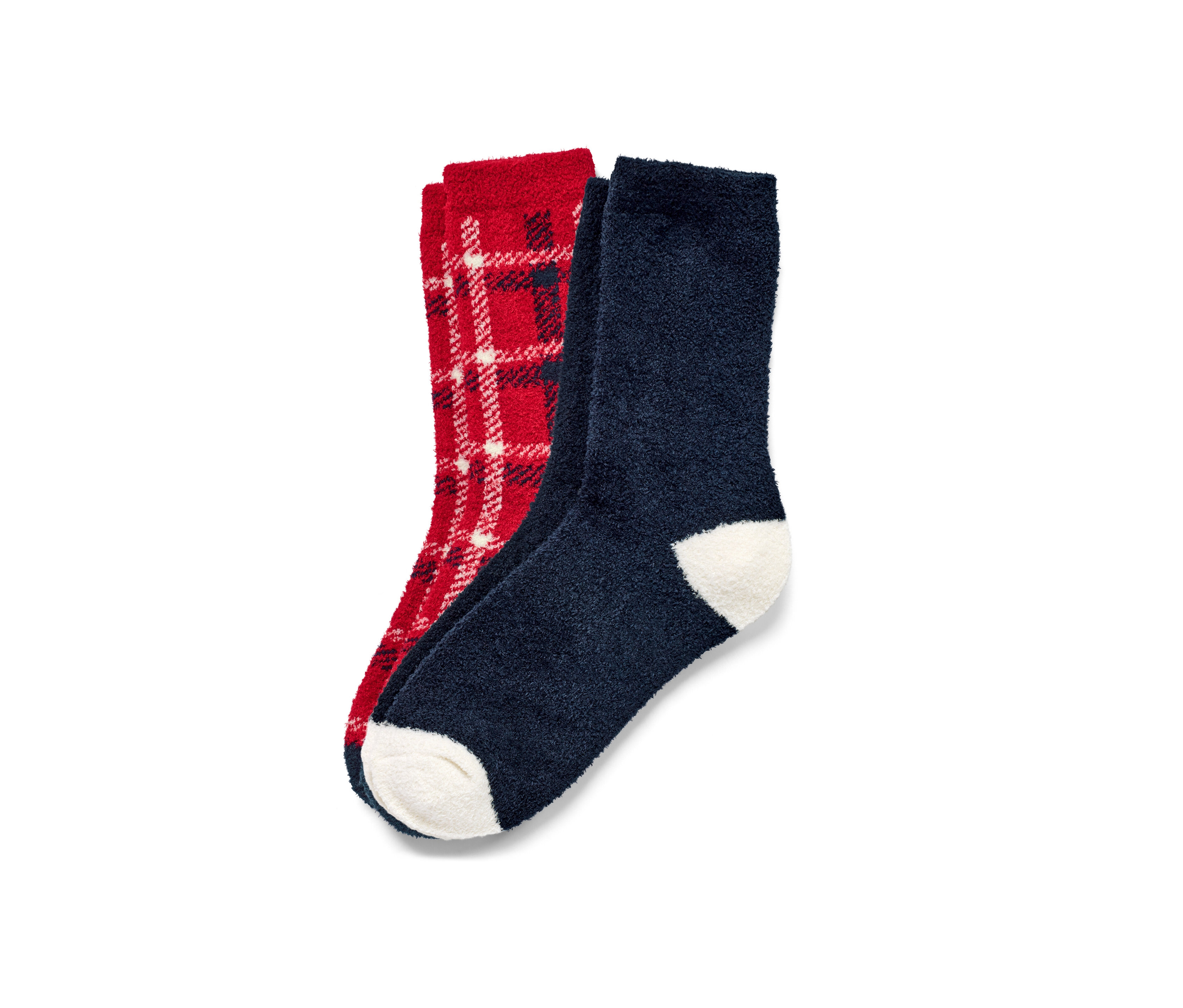 Deux paires de chaussettes moelleuses : une paire à carreaux rouges et une paire bleu marine avec bout blanc.