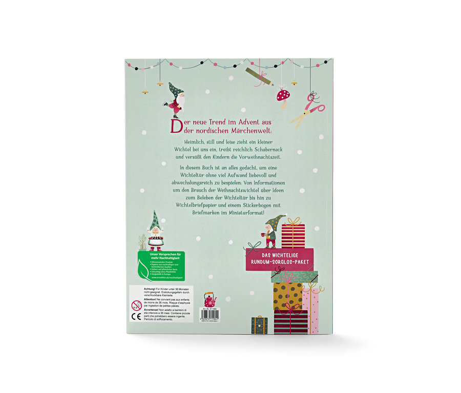 Le dos du livre « Hourra, un lutin emménage ! » avec du texte sur les lutins et un pack cadeau.