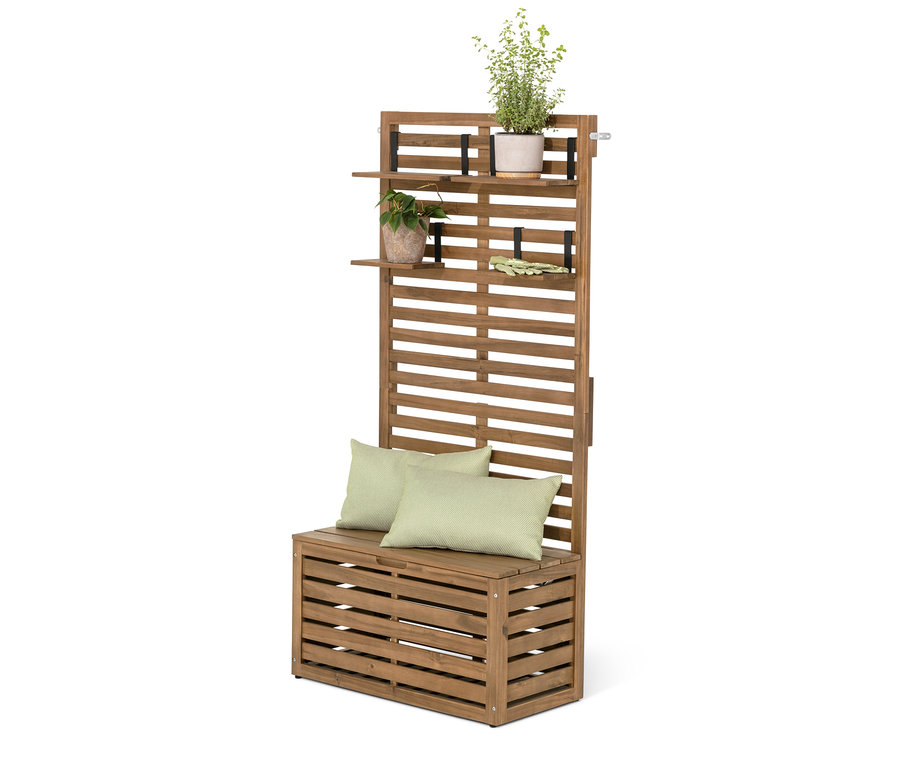 Banc de balcon « Lenja » avec coffre de rangement avec deux coussins et des plantes en pot.