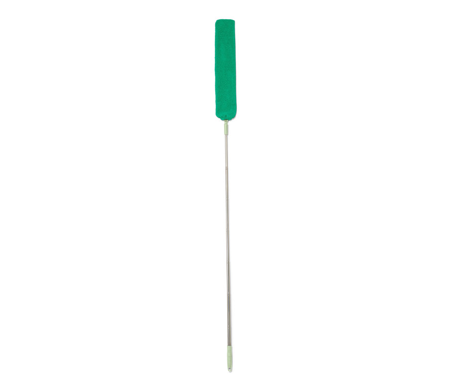 Un attrape-poussière flexible vert avec un manche télescopique.