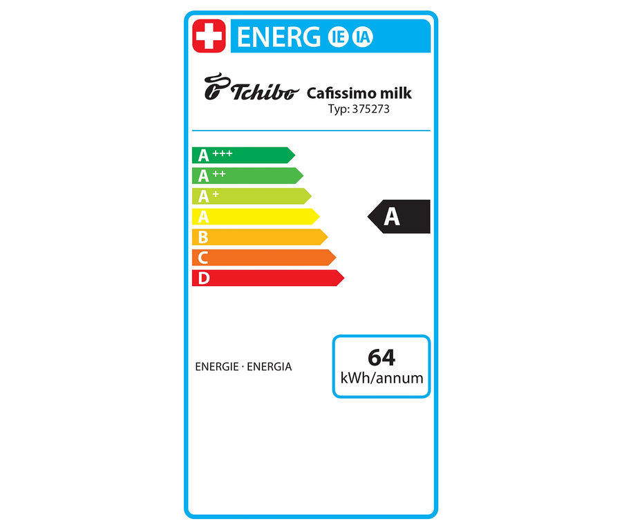 Étiquette énergétique pour Cafissimo milk avec une classe d'efficacité A et une consommation annuelle de 64 kWh.