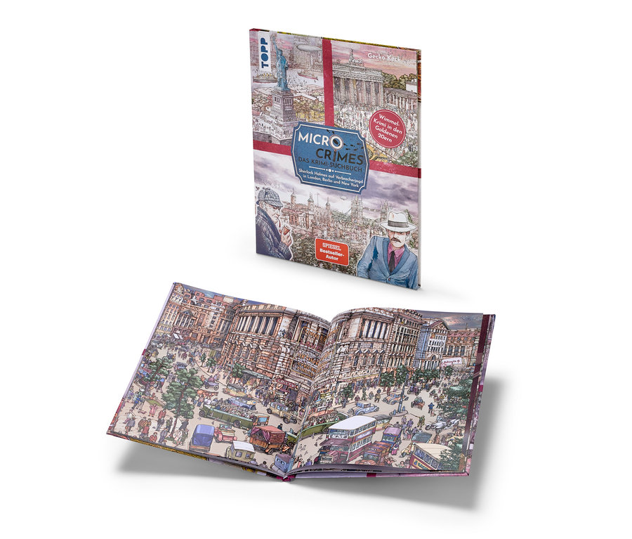 Deux livres. Le livre »Micro Crimes – das Krimi-Suchbuch« est en haut. En bas, un livre ouvert avec une illustration de la ville.