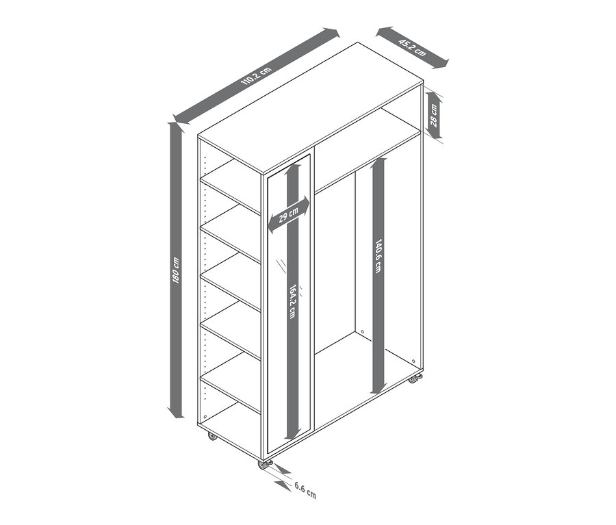 Schéma d'une garde-robe mobile avec miroir et dimensions.