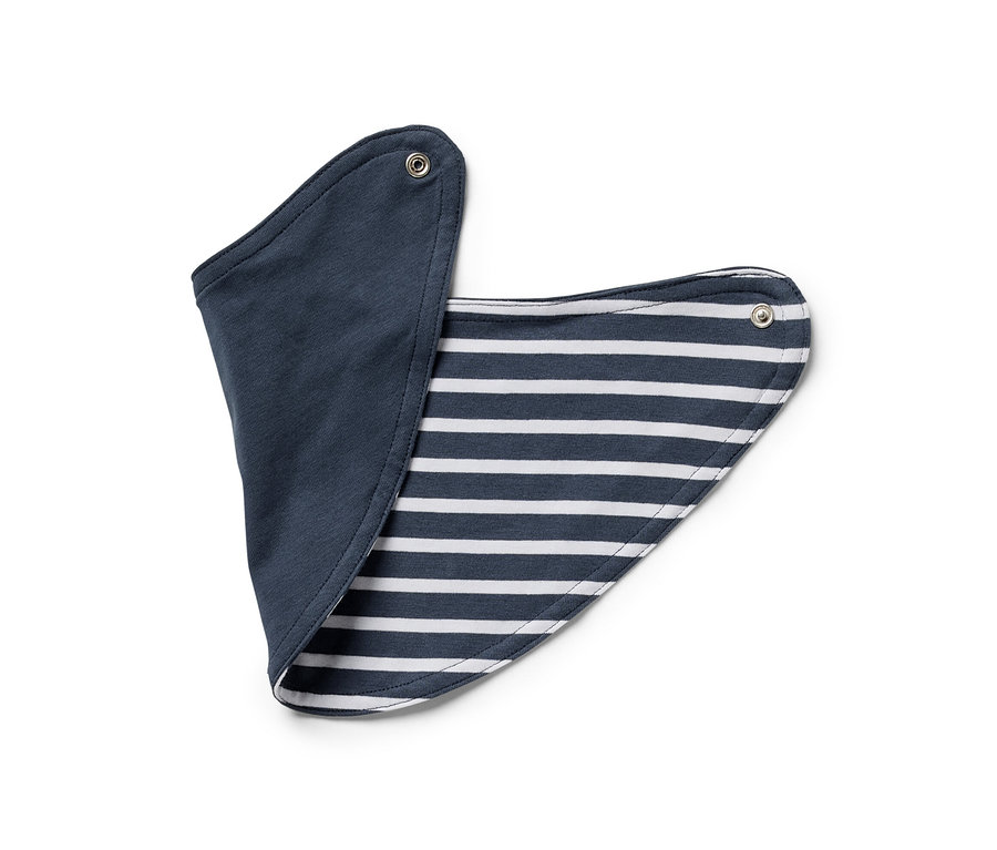 Bavoir de l'ensemble pour bébé, 3 pièces, avec une face bleu marine et l'autre rayée.
