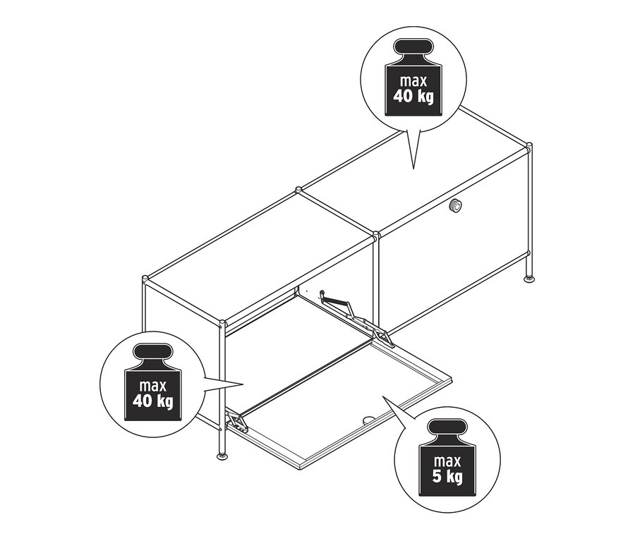 Meuble bas en métal « CN3 » à 2 abattants dont un ouvert. Charge maximale du dessus 40 kg, de l'intérieur 5 kg.