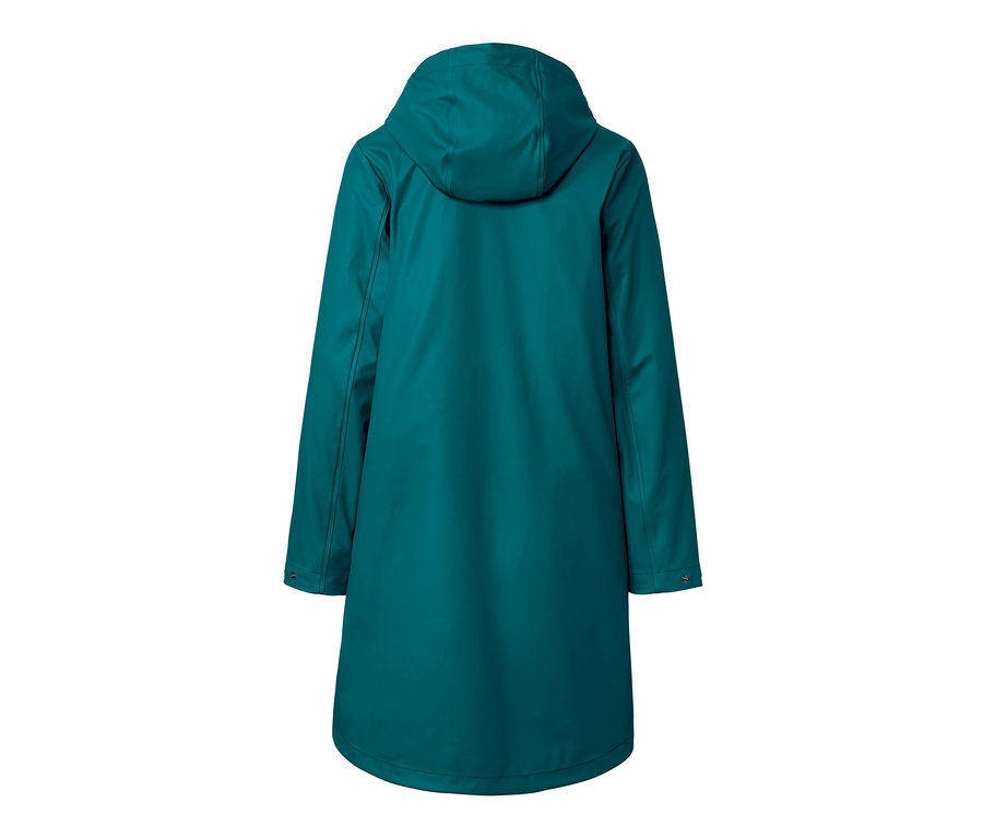 Vue arrière d'un long manteau de pluie bleu pétrole avec capuche.