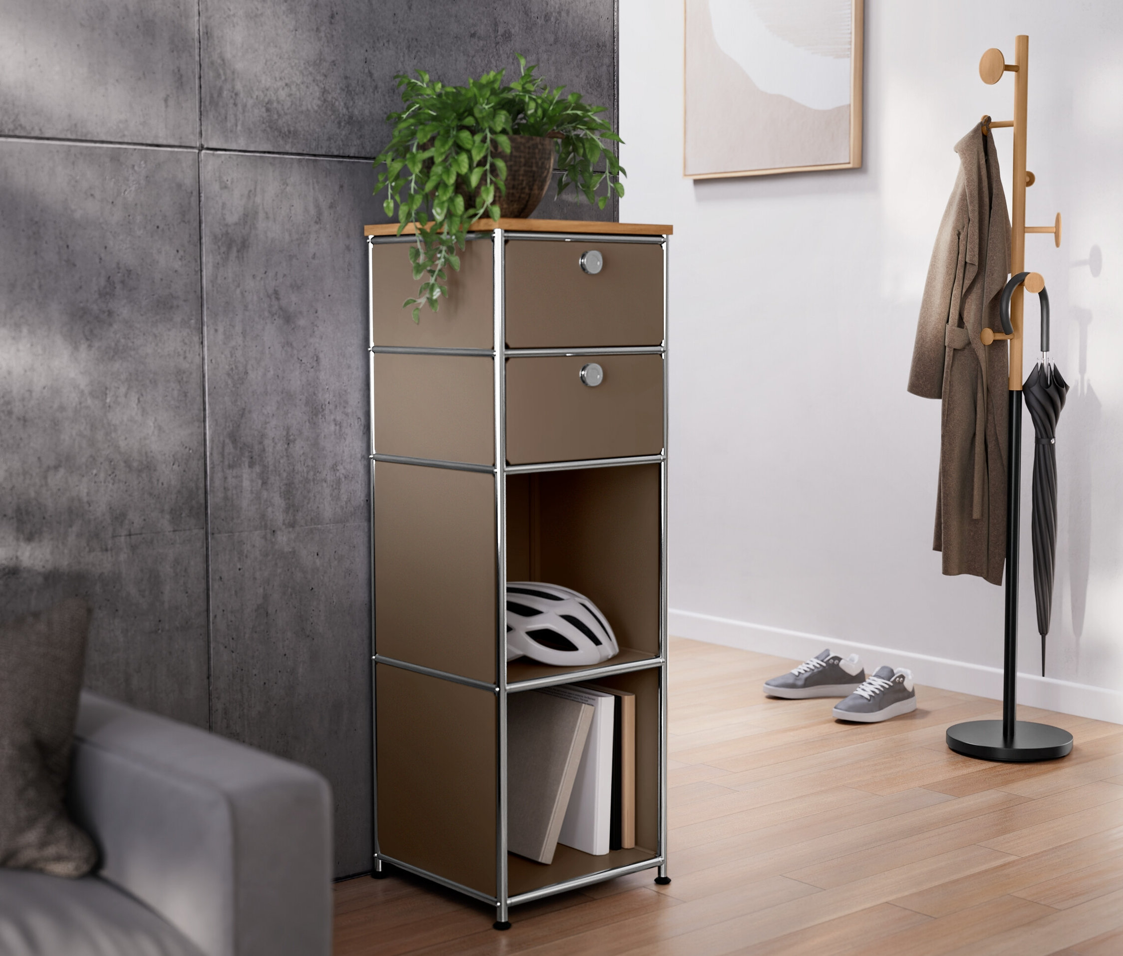 Une commode étroite en métal « CN3 » avec plateau en bois et 2 tiroirs, taupe, un porte-manteau et une commode étroite en métal « CN3 » avec plateau en bois et 2 tiroirs, blanc.