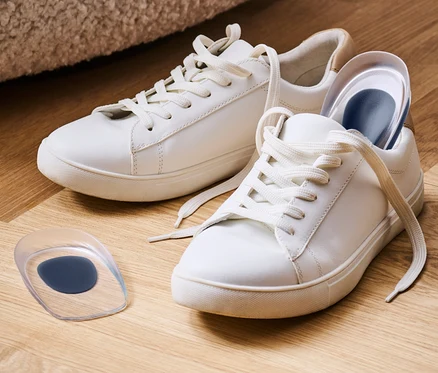 Deux baskets blanches avec 1 paire de talonnettes sur un plancher en bois.