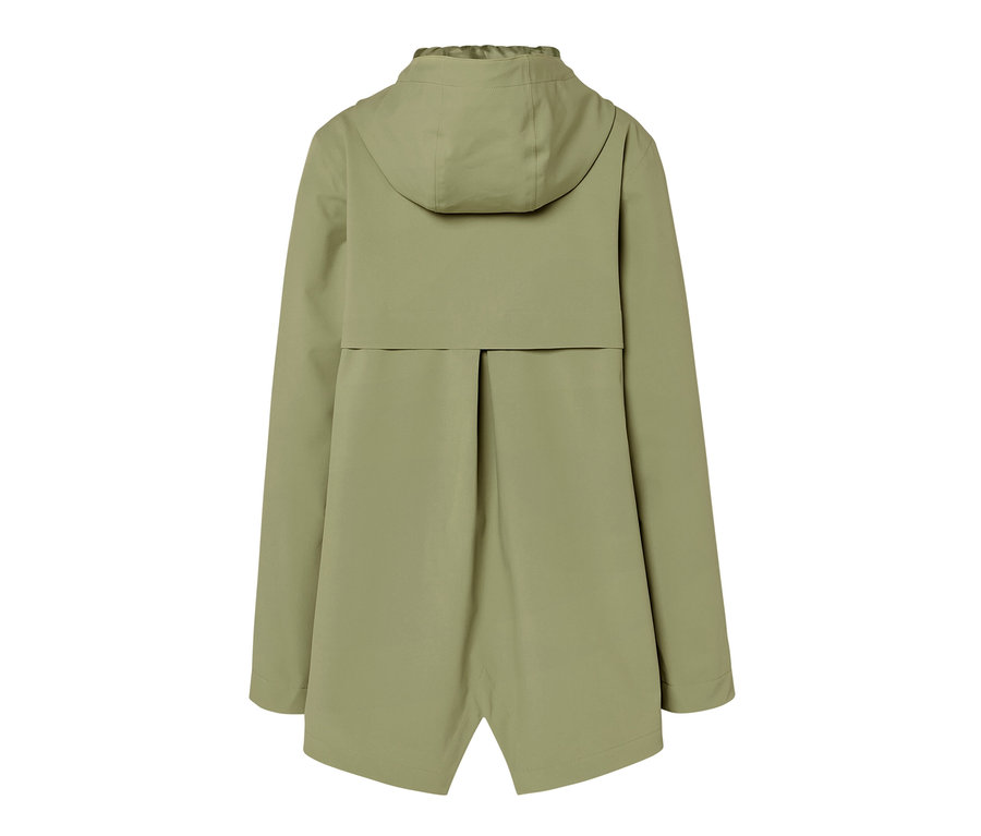 Vue arrière d'une veste de pluie vert olive avec capuche.