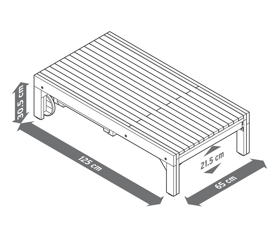 Schéma d'une chaise longue extensible « Tinus » avec matelas de qualité supérieure et dimensions.