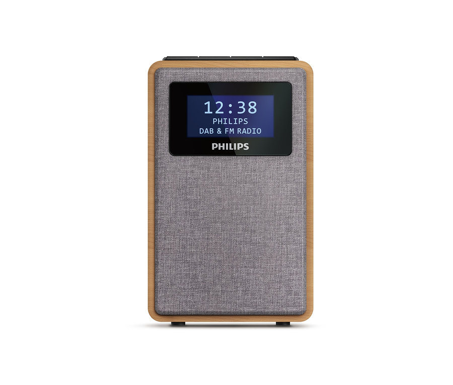 La radio DAB Philips « TAR5005 » affiche l'heure 12:38 sur l'écran.