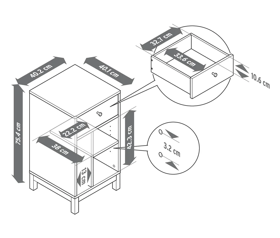 Schéma d'une table de chevet avec dimensions. Table de chevet