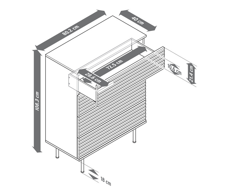 Schéma d'une commode »Finnsbo« avec façade à lamelles et dimensions.