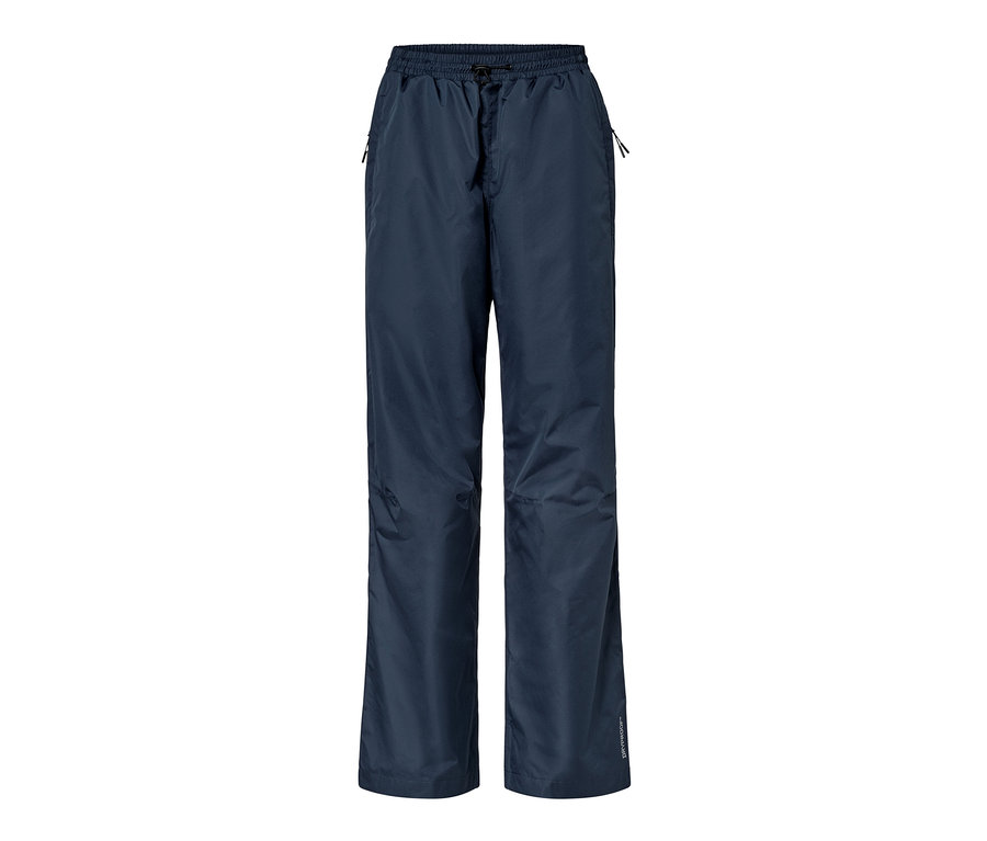 Pantalon de pluie unisexe bleu marine avec taille élastique et poches latérales zippées.