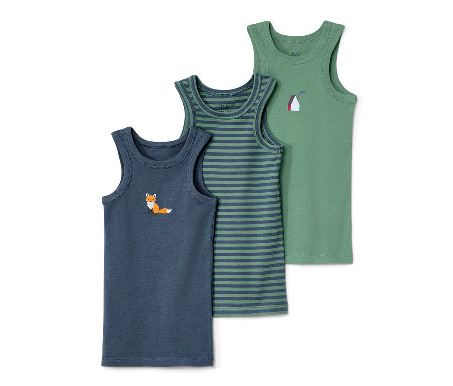 Trois maillots de corps pour enfant : bleu marine avec un renard, rayé et vert avec une maison. 3 maillots de corps pour tout-petit, à rayures.