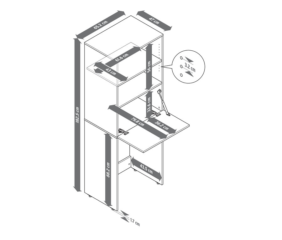 Schéma d'une armoire pour lave-linge avec surface de travail rabattable et dimensions.