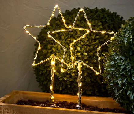 Deux petits piquets de terre à LED « étoile » plantés dans le sol.