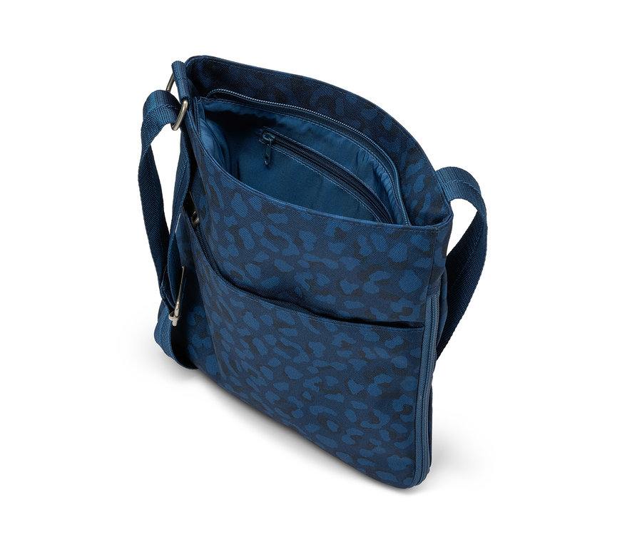 Sac à bandoulière de sécurité bleu avec motif léopard.