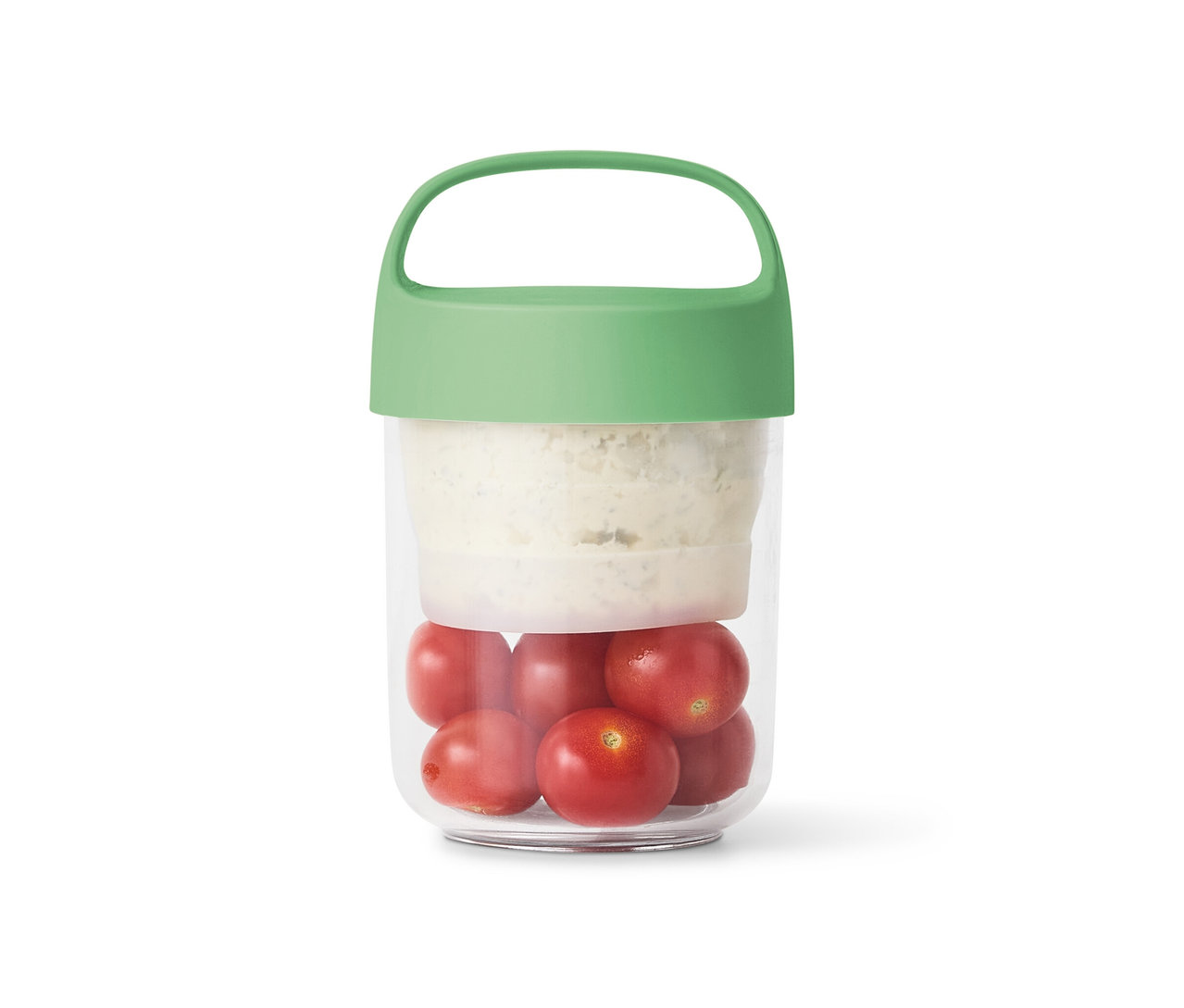 Récipient pour produits à emporter avec poignée, petit, rempli de tomates et de sauce.