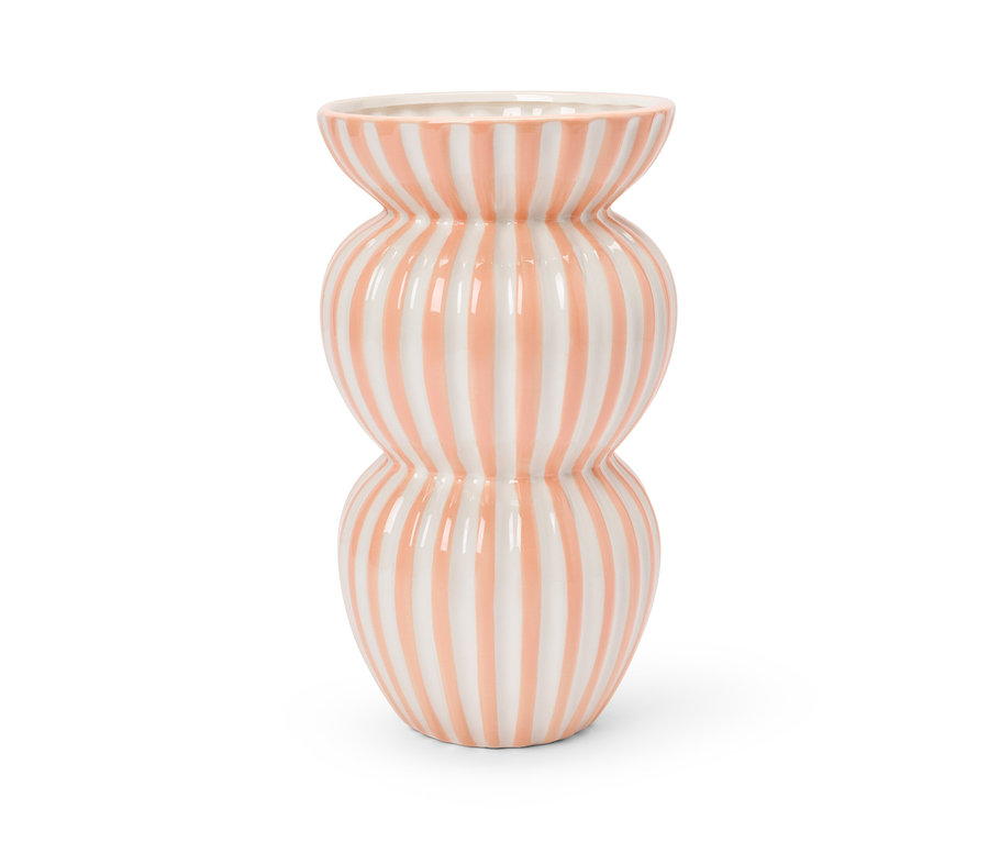 Un grand vase rayé rose et blanc.