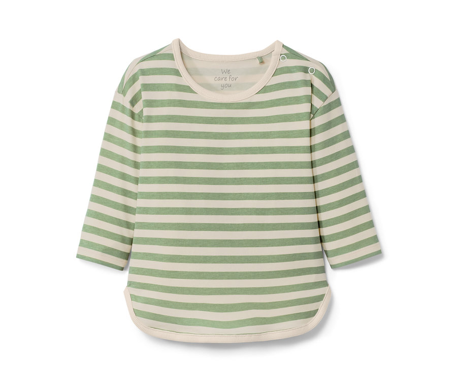 T-shirt à manches longues pour enfant rayé vert et blanc.