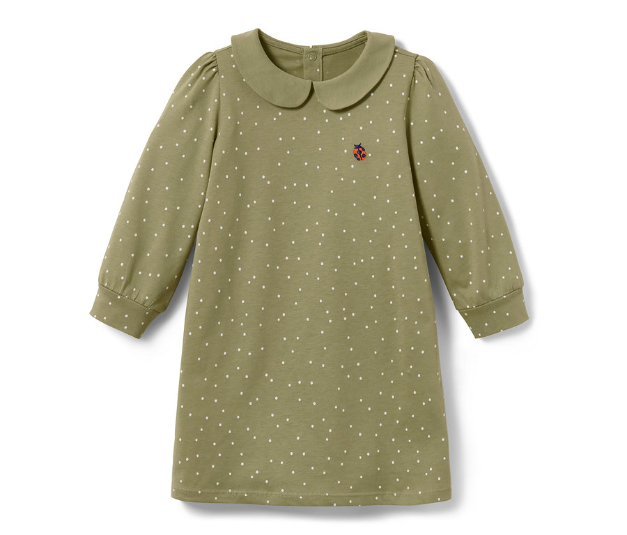 Robe en jersey verte pour tout-petit avec des pois blancs et un insecte.