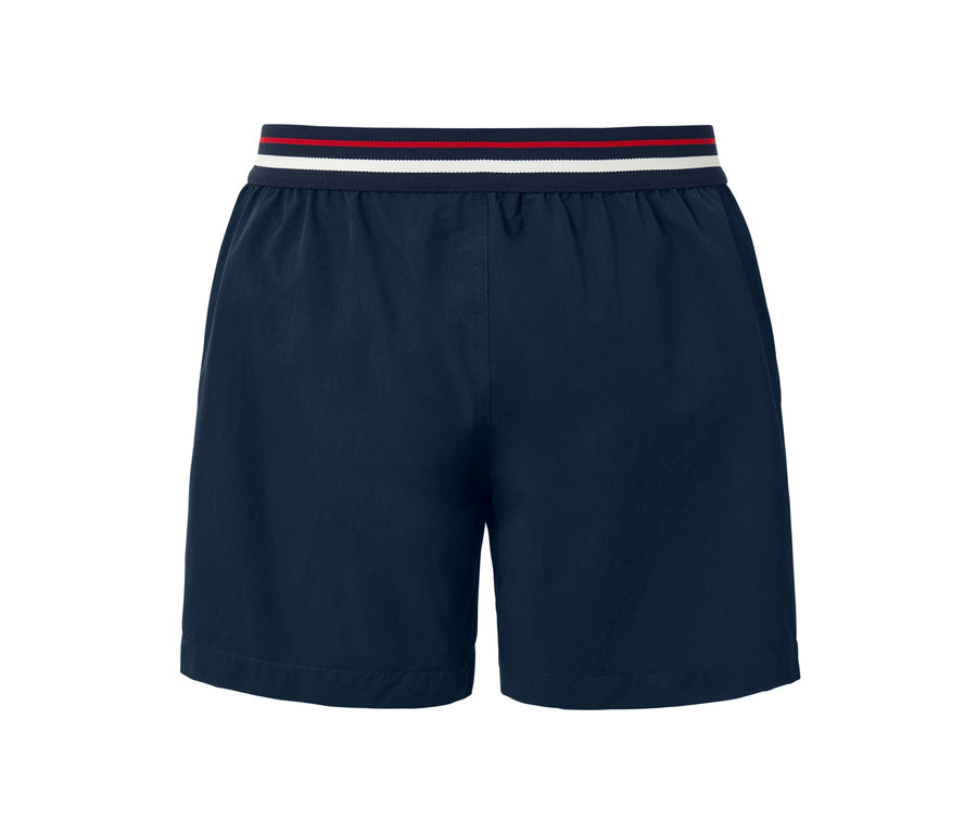 Short de bain bleu marine avec une ceinture rayée rouge et blanche.